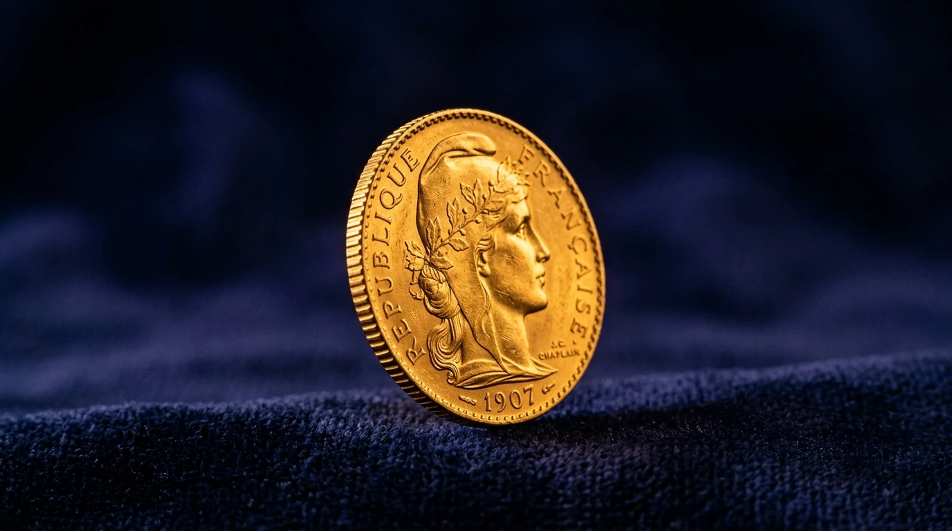 Pièce de monnaie française en or gravée République Française voltigeant au-dessus d'un tapis de velours