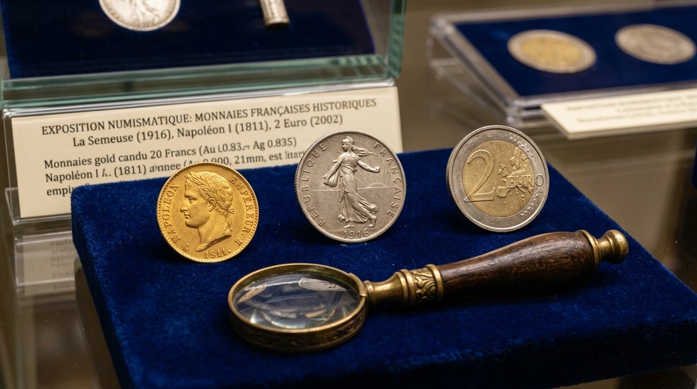 Vitrine de musée numismatique avec pièces françaises historiques de collection et loupe d'orfèvre